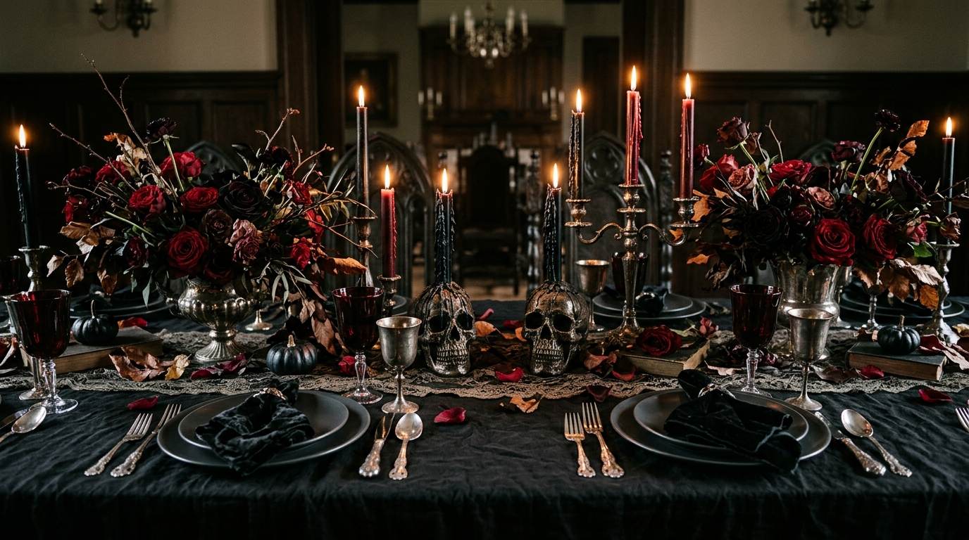 Dark Halloween dinner table with candles, red flowers, skull decor, and black tableware