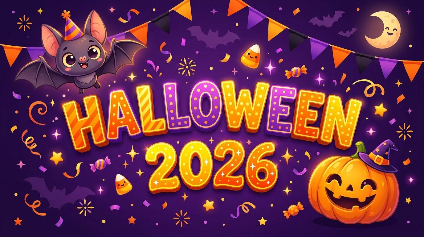 Colorful Halloween 2026 illustration with a party bat, smiling pumpkin, and festive decorations