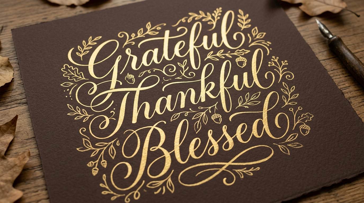 Gold calligraphy reading grateful thankful blessed on a dark card with autumn leaves