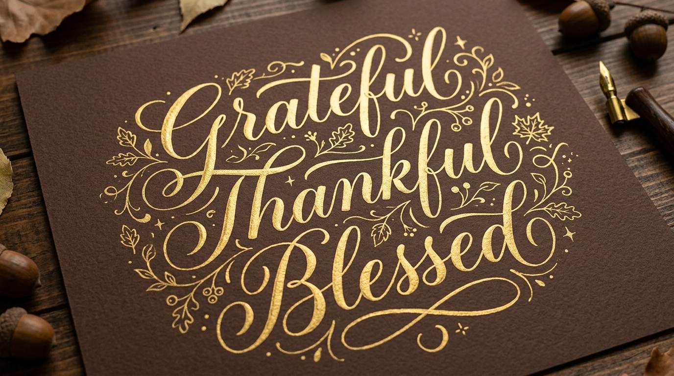 Gold script reading "Grateful, Thankful, Blessed" on a brown card with leaf decorations