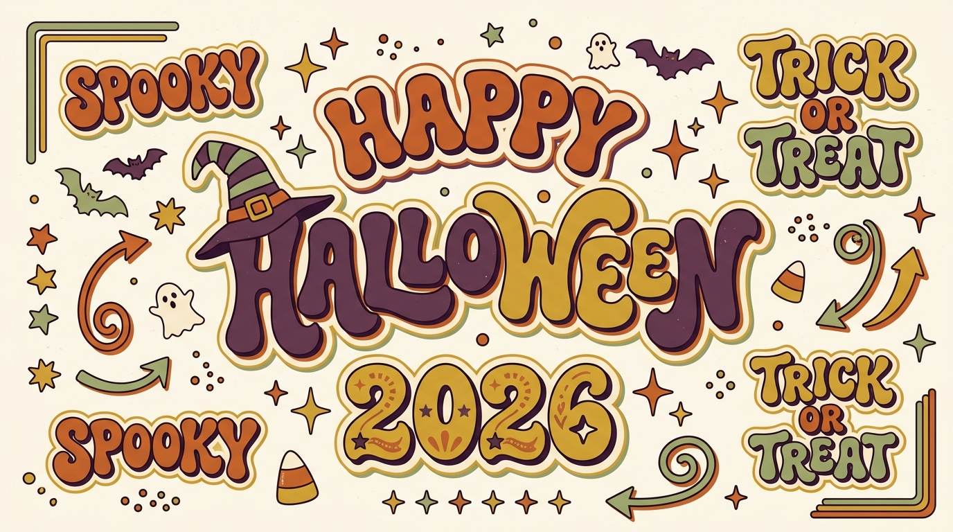 Colorful Halloween lettering with bats, ghosts, stars, and trick-or-treat doodles