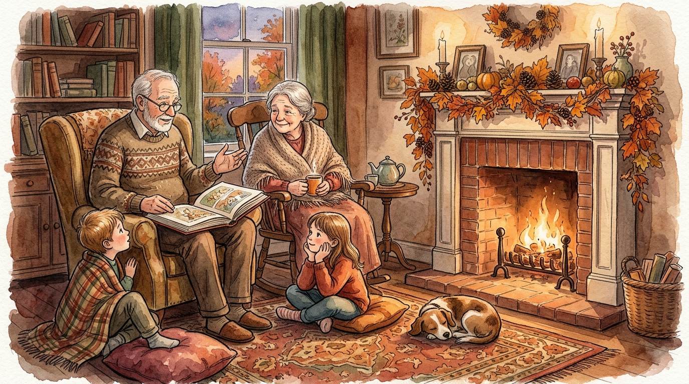 Grandparents reading with two children beside a lit fireplace in an autumn-decorated room