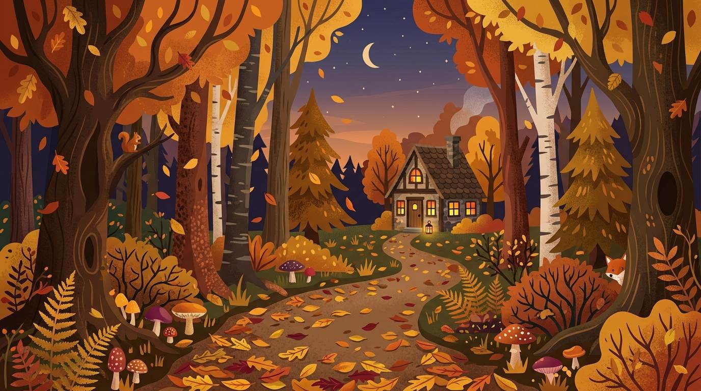 Illustrated autumn forest path with a glowing cabin under a moonlit sky