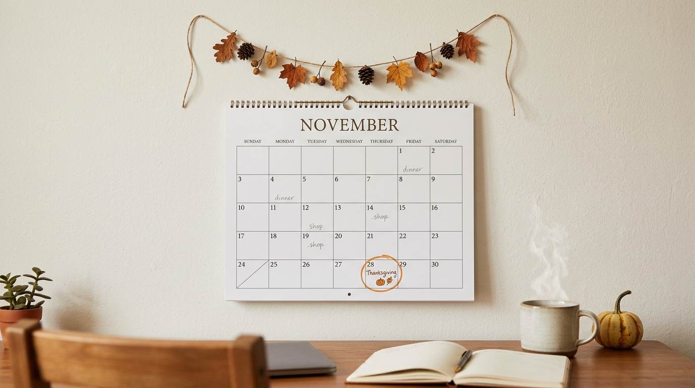 Wall calendar for November above a desk with notebook, mug, plant, and autumn decorations