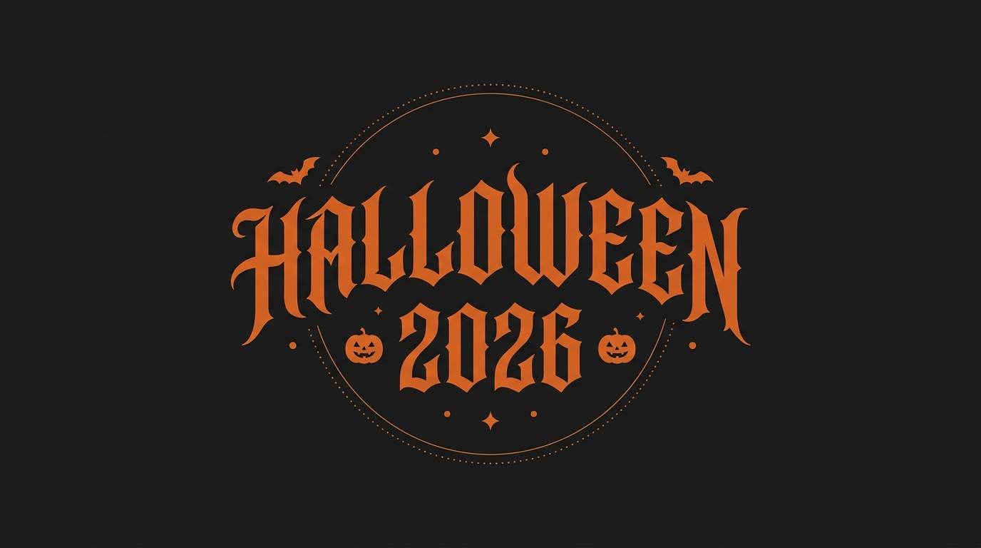 Orange Halloween 2026 text with bats and pumpkin faces on a black background