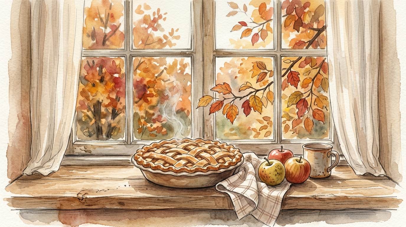 Autumn pie with apples and a mug on a wooden windowsill beside fall leaves