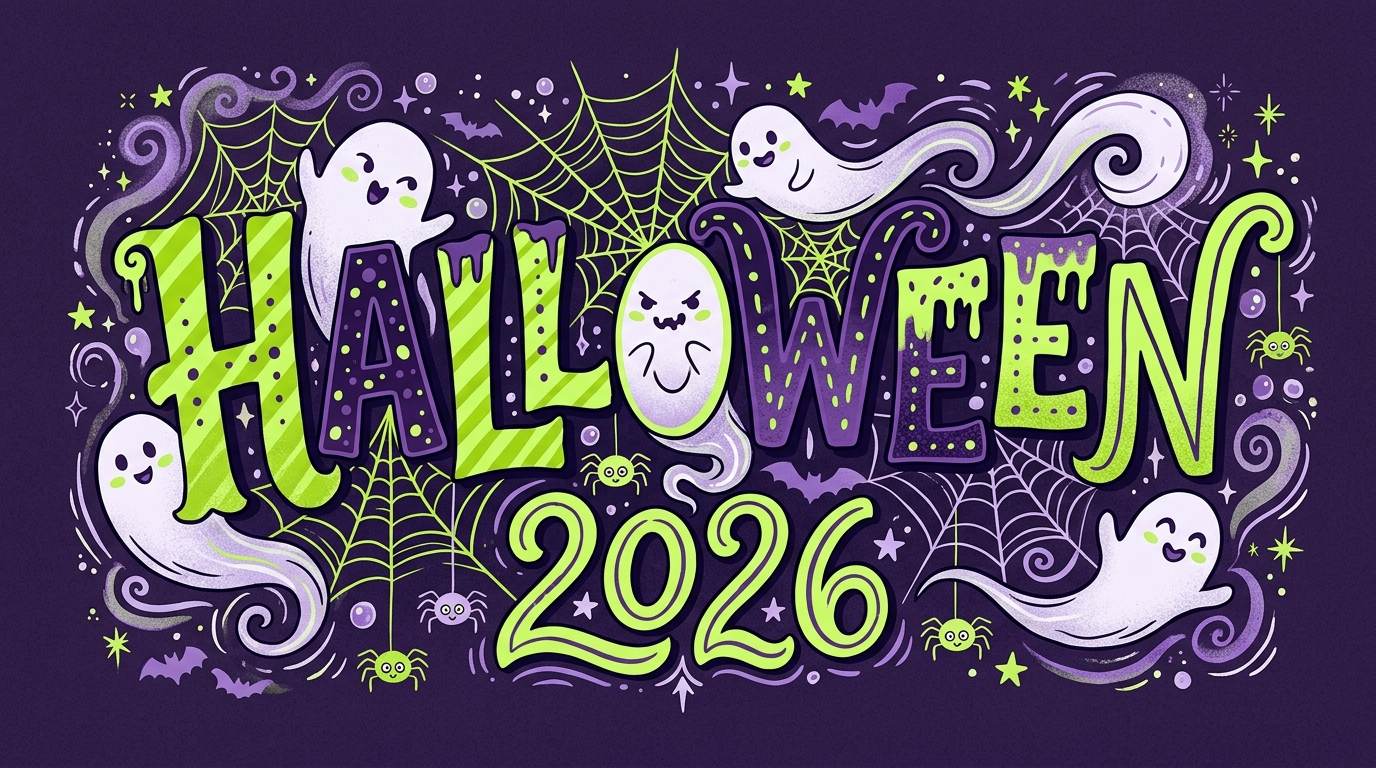 Playful Halloween 2026 graphic with ghosts, spiderwebs, and neon lettering on a dark background