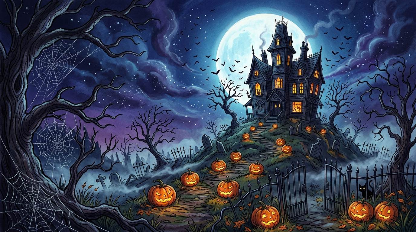 Haunted house on a moonlit hill with glowing jack-o'-lanterns and bats