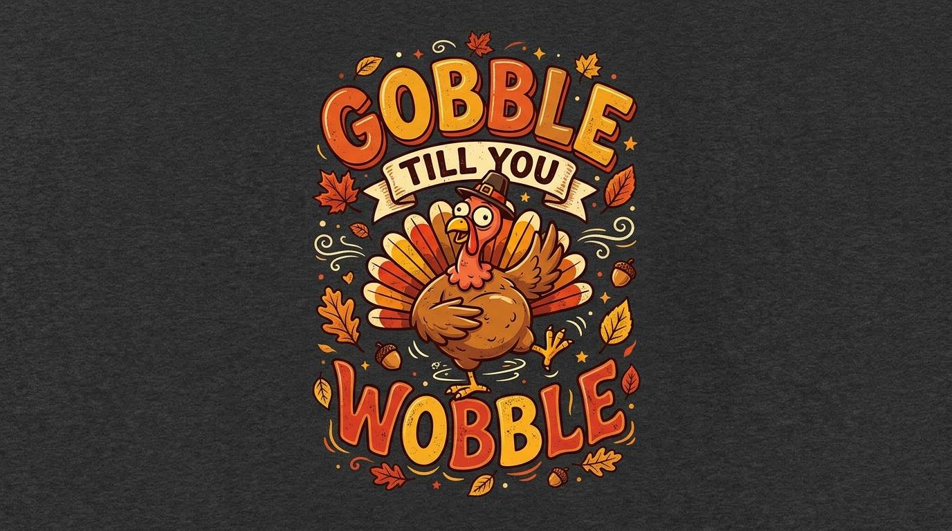 Playful Thanksgiving turkey illustration with the words Gobble Till You Wobble on a dark background