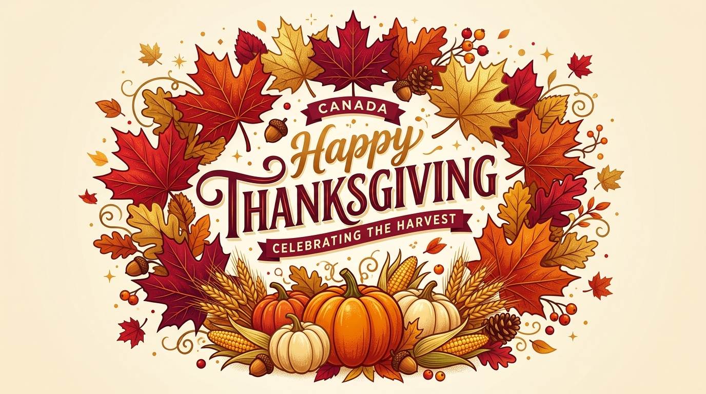 Canadian Thanksgiving greeting surrounded by autumn leaves, pumpkins, and harvest decorations