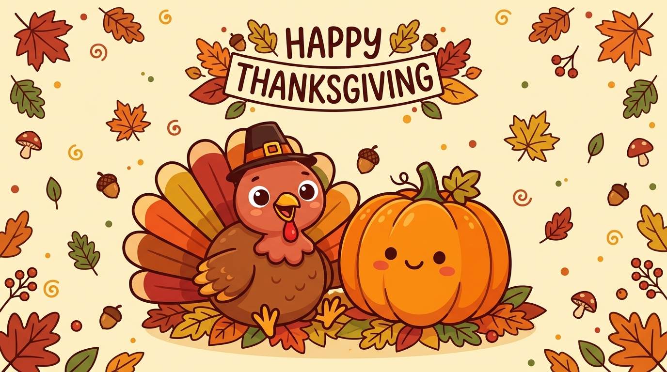 Smiling cartoon turkey and pumpkin with a Happy Thanksgiving banner and autumn leaves
