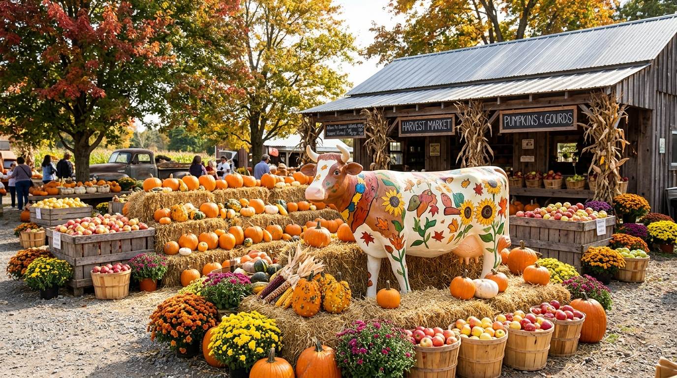 Autumn market display with pumpkins, apples, hay bales, and a painted cow figure