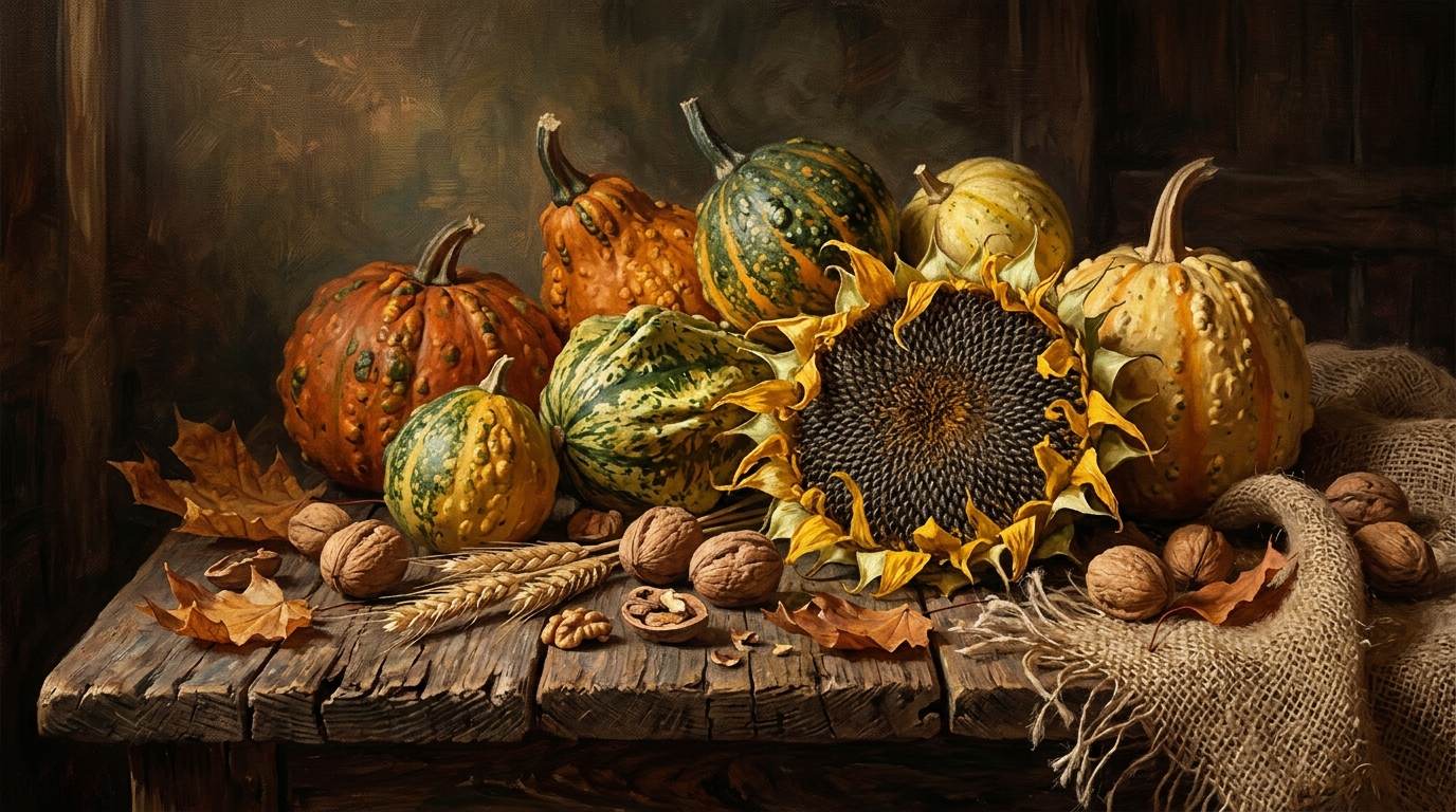 Rustic autumn still life with gourds, walnuts, leaves, and a dried sunflower on a wooden table