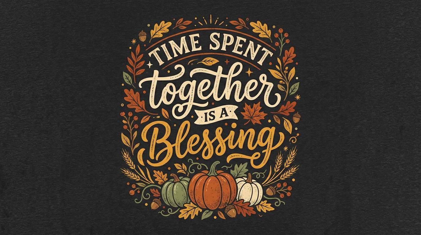 Fall quote design with pumpkins, leaves, and the words 'Time Spent Together Is a Blessing'