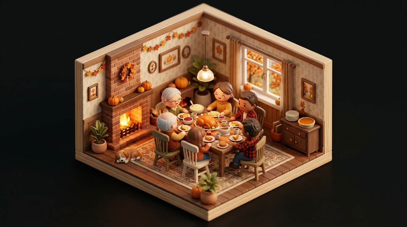 Miniature family gathered around a Thanksgiving dinner table in a cozy dollhouse room