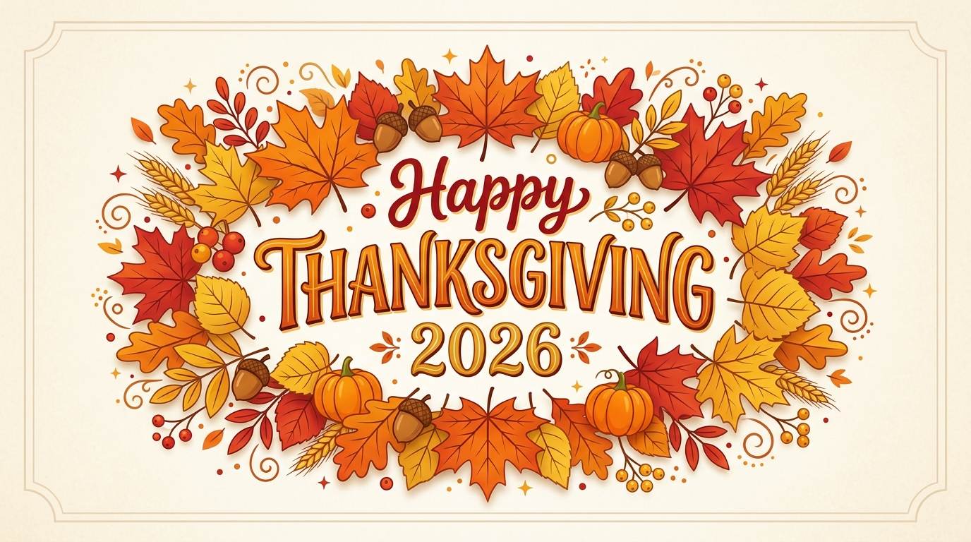 Decorative Thanksgiving 2026 greeting with autumn leaves, pumpkins, and acorns