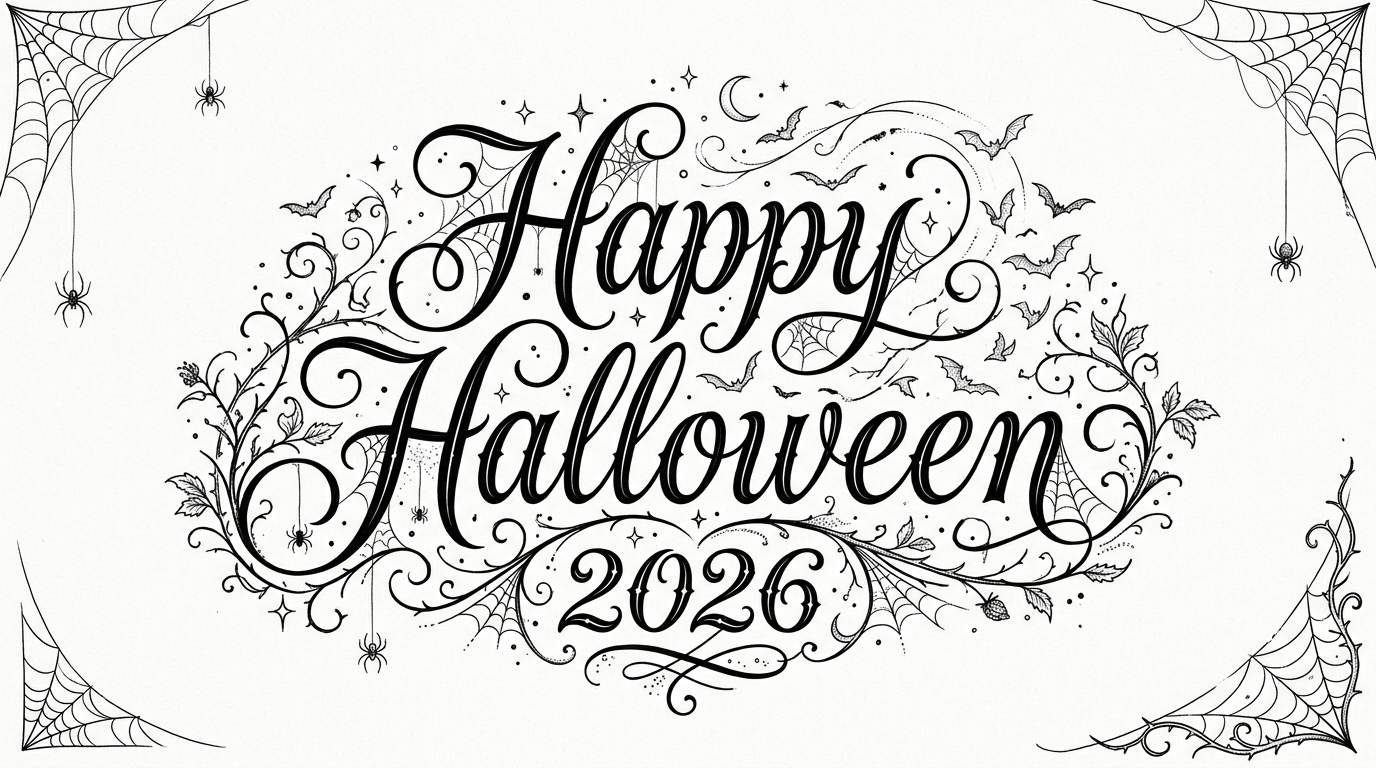 Decorative black Halloween lettering with spider webs, bats, and hanging spiders on white