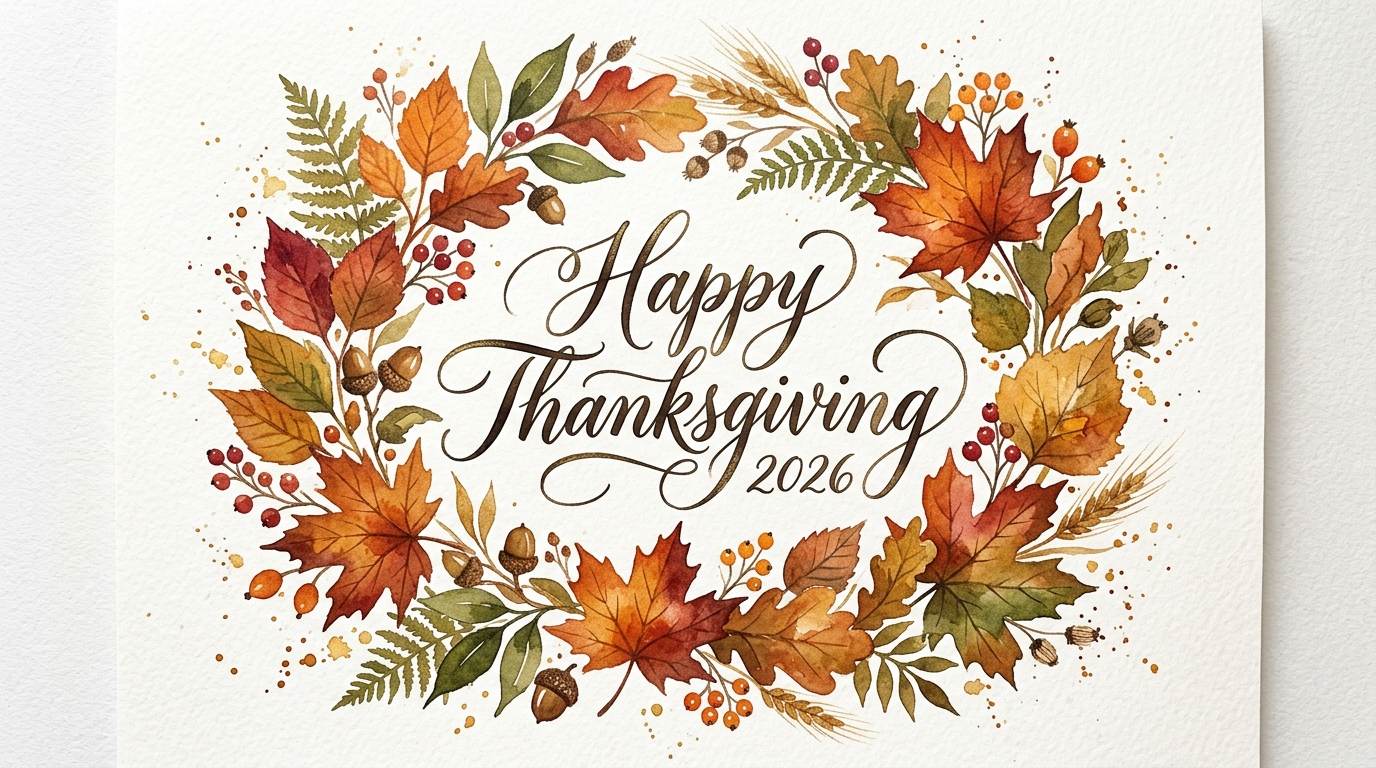 Watercolor autumn wreath with leaves and berries around a Happy Thanksgiving 2026 message