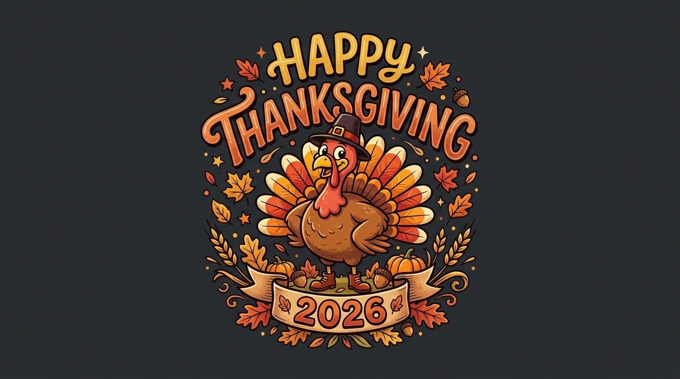 Festive Thanksgiving turkey graphic with autumn leaves and a 2026 banner