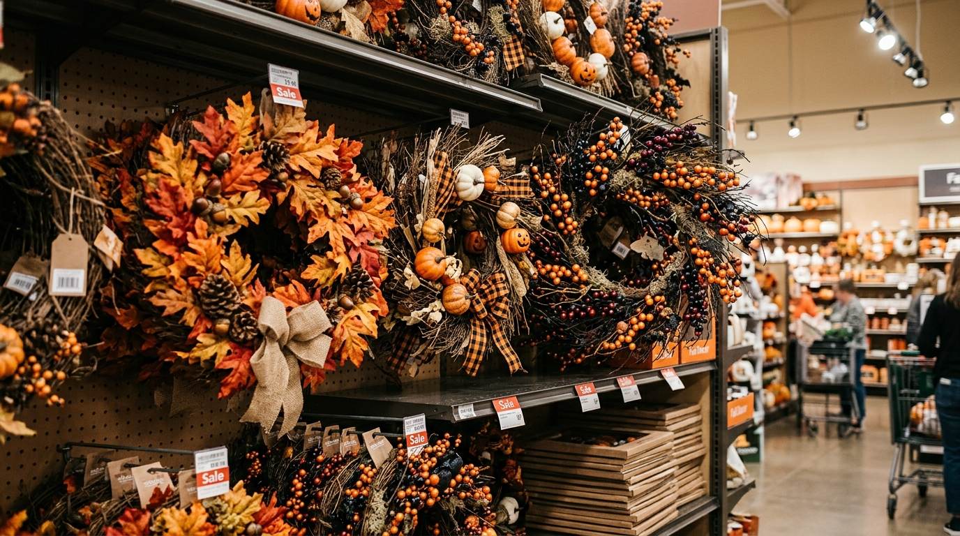 Store aisle lined with autumn wreaths and seasonal fall decorations