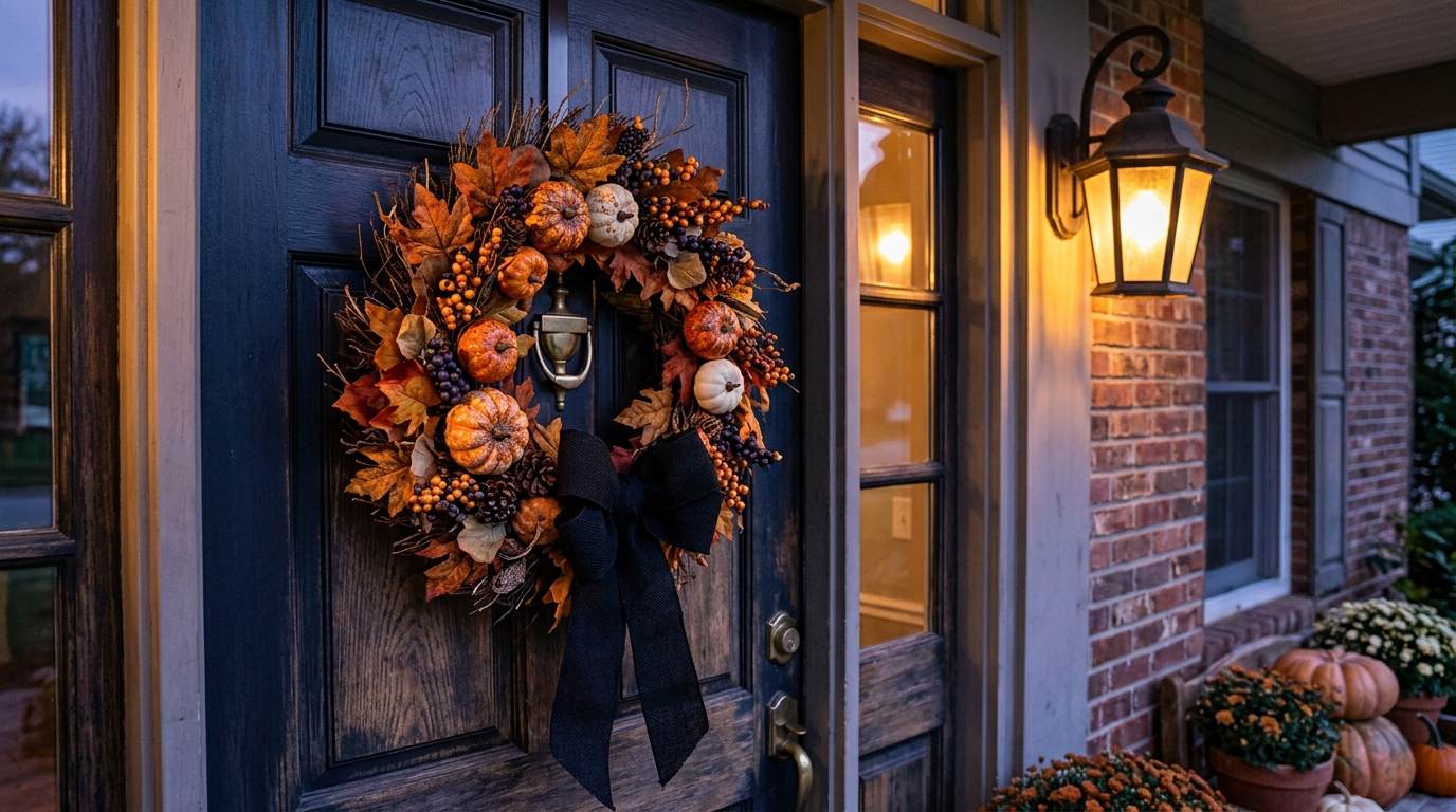 Autumn wreath with pumpkins and berries hanging on a dark front door beside a glowing porch light