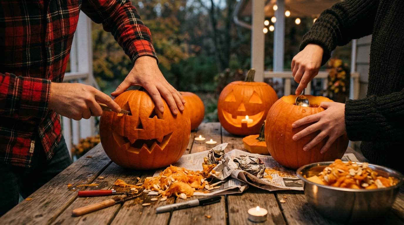 Two people carving Halloween pumpkins at a wooden table with candles and pumpkin scraps