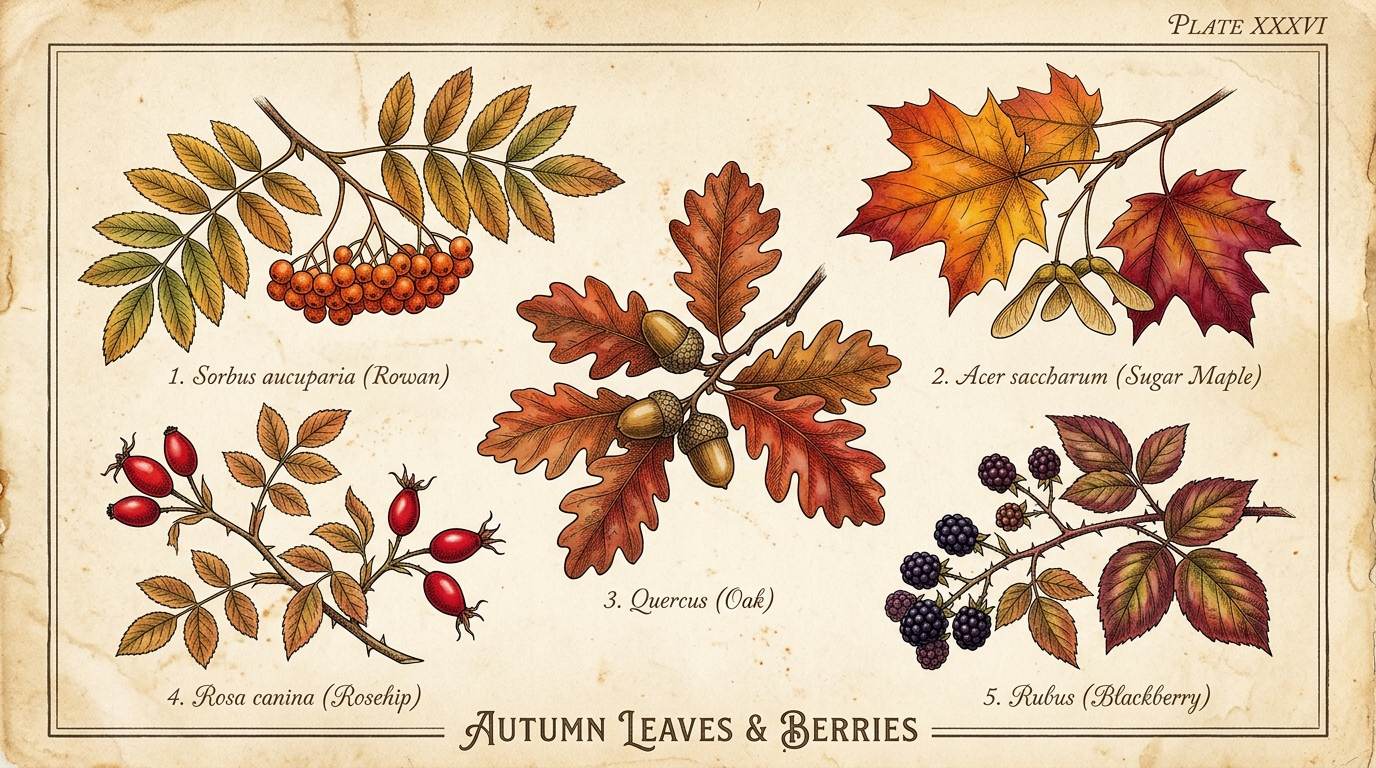 Vintage botanical plate of autumn leaves and berries on aged paper