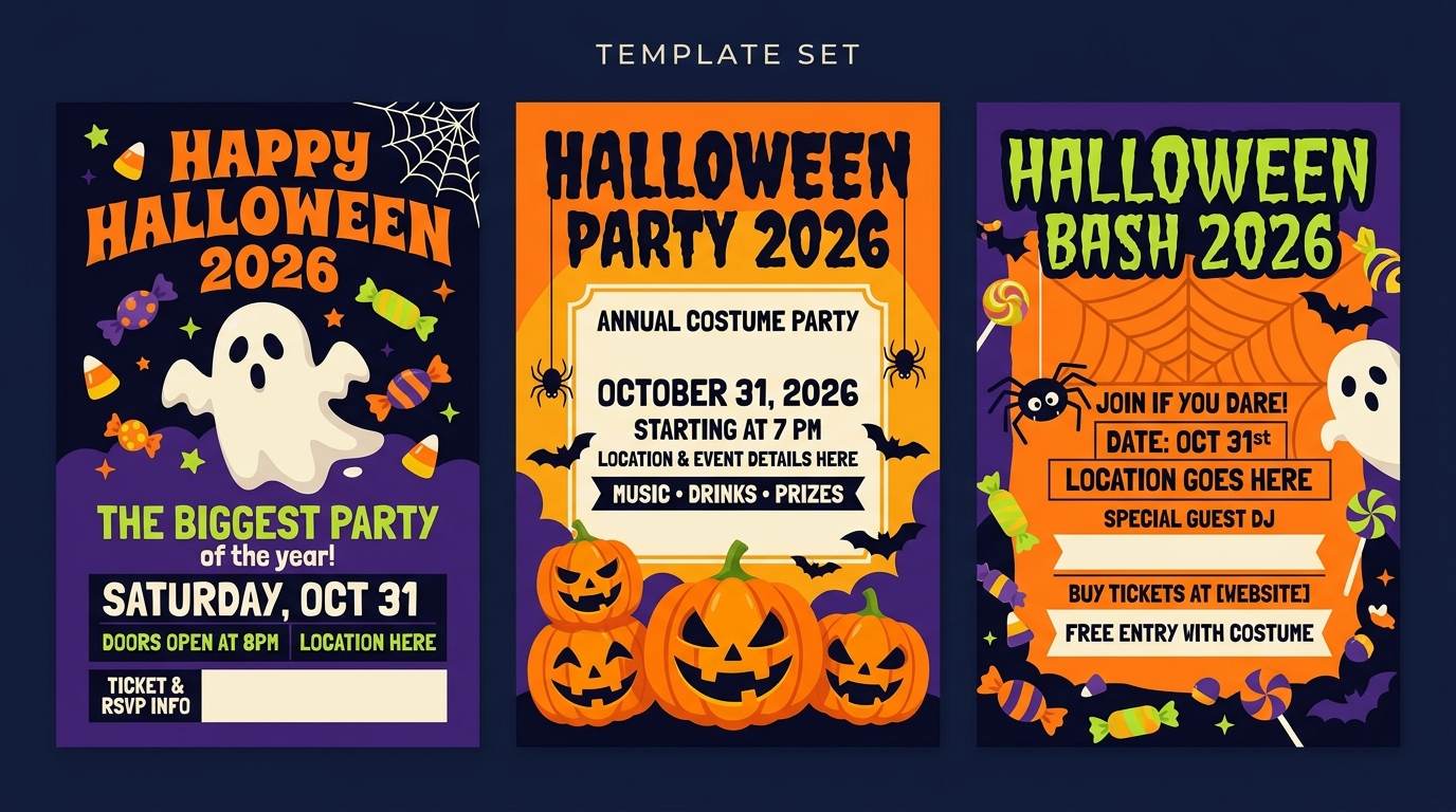 Three colorful Halloween party poster templates with pumpkins, ghosts, bats, and event text