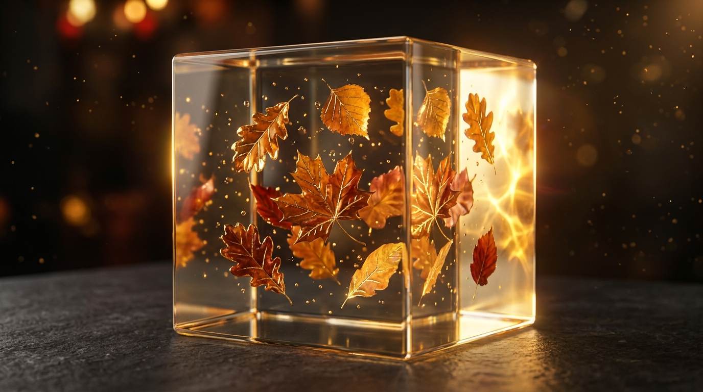 Glass cube filled with glowing autumn leaves on a dark background