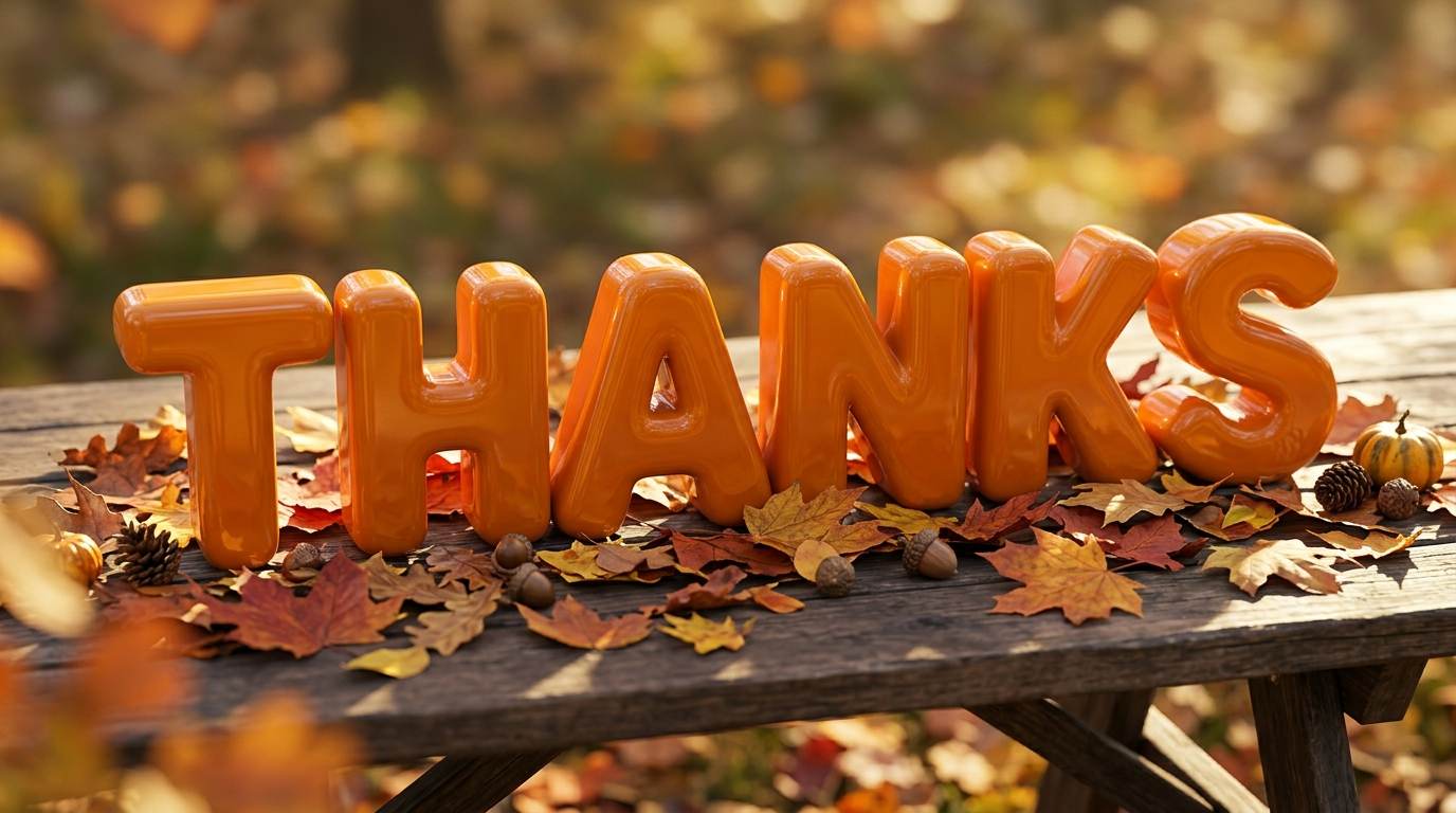 Orange THANKS letters on a rustic table with autumn leaves and small fall decorations