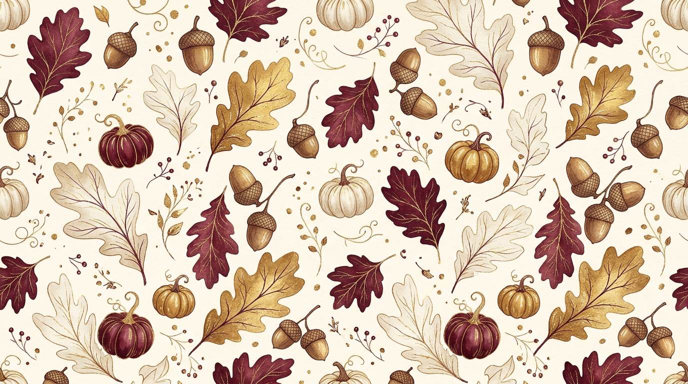 Seamless autumn pattern with oak leaves, acorns, and pumpkins on a cream background