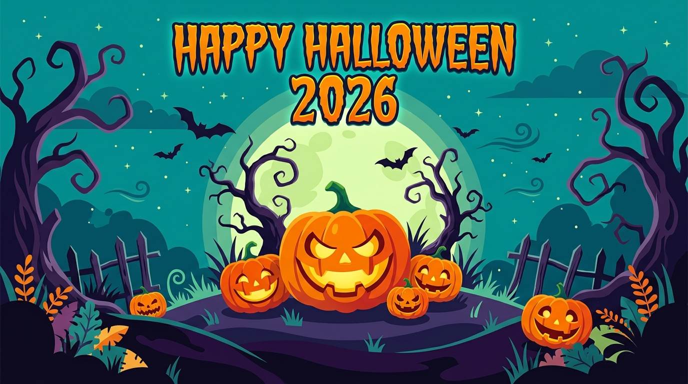 Halloween 2026 greeting with carved pumpkins, bats, and spooky trees