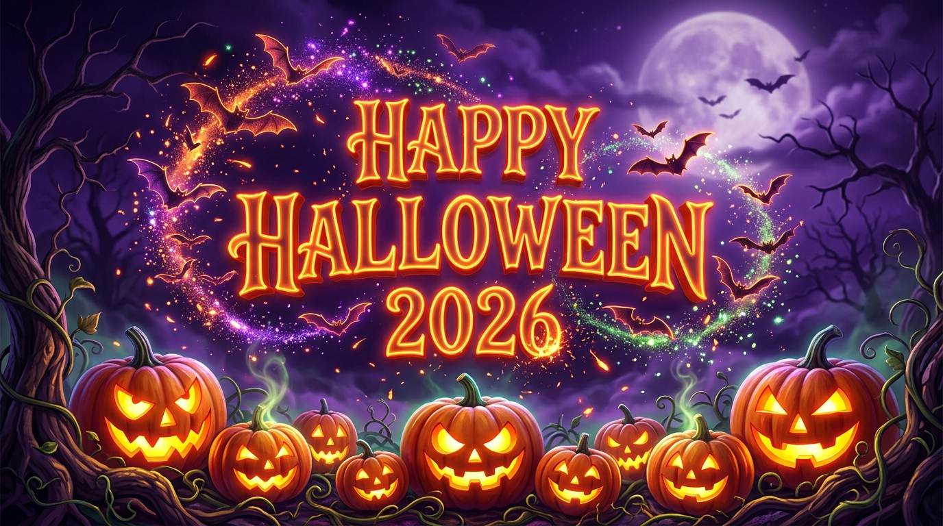 Glowing Halloween 2026 text above lit jack-o'-lanterns, bats, and a full moon