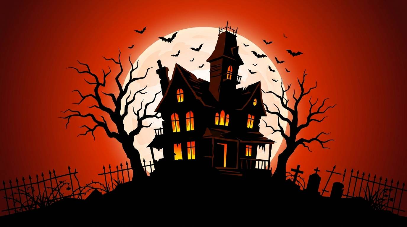 Haunted house silhouette with glowing windows, bats, bare trees, and a full moon