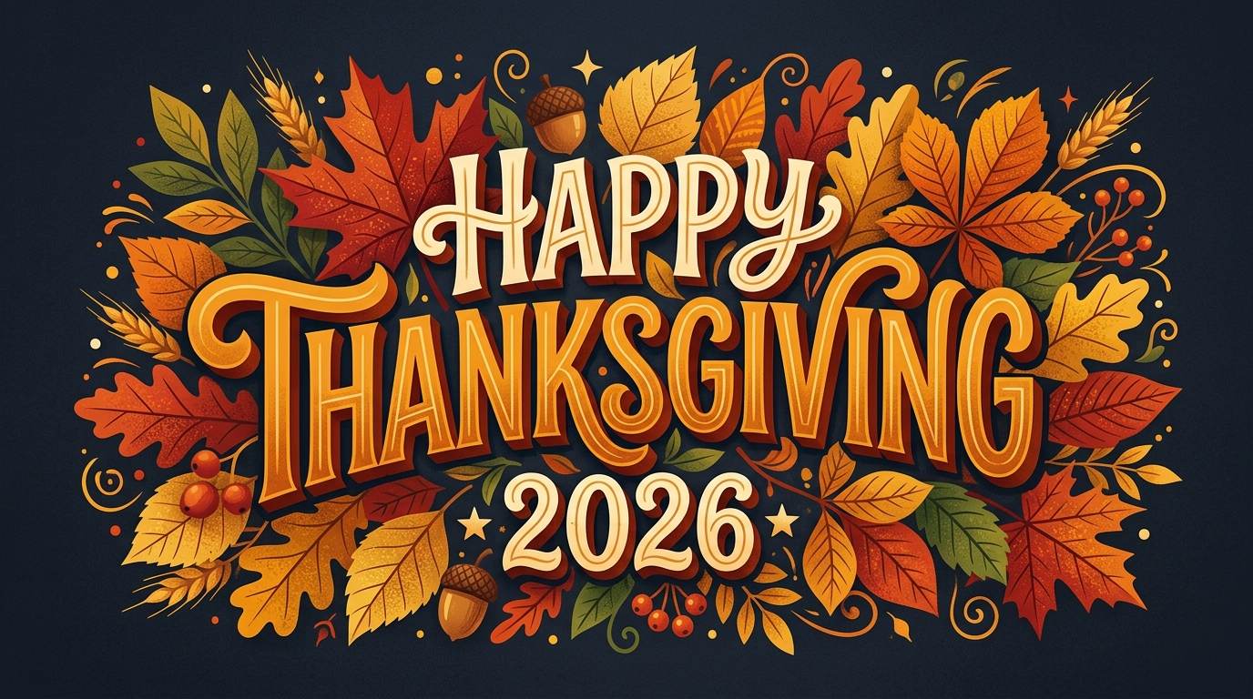 Decorative Happy Thanksgiving 2026 text surrounded by autumn leaves and acorns
