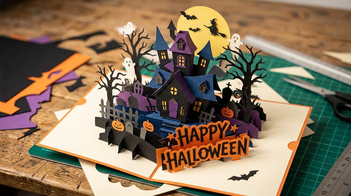 Handmade Halloween pop-up card with a haunted house, bats, and orange lettering