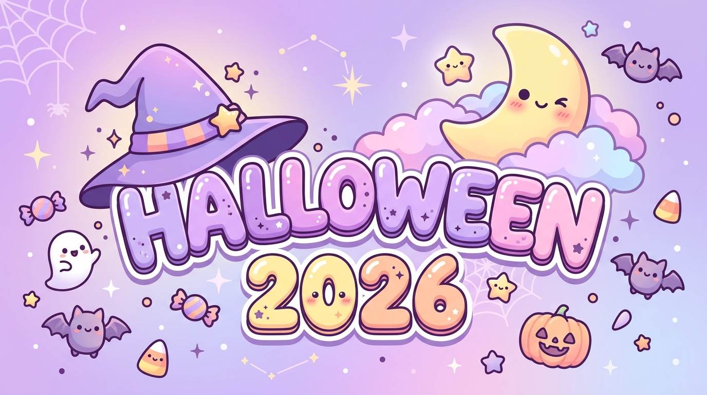 Pastel Halloween 2026 graphic with a smiling moon, witch hat, bats, and pumpkin