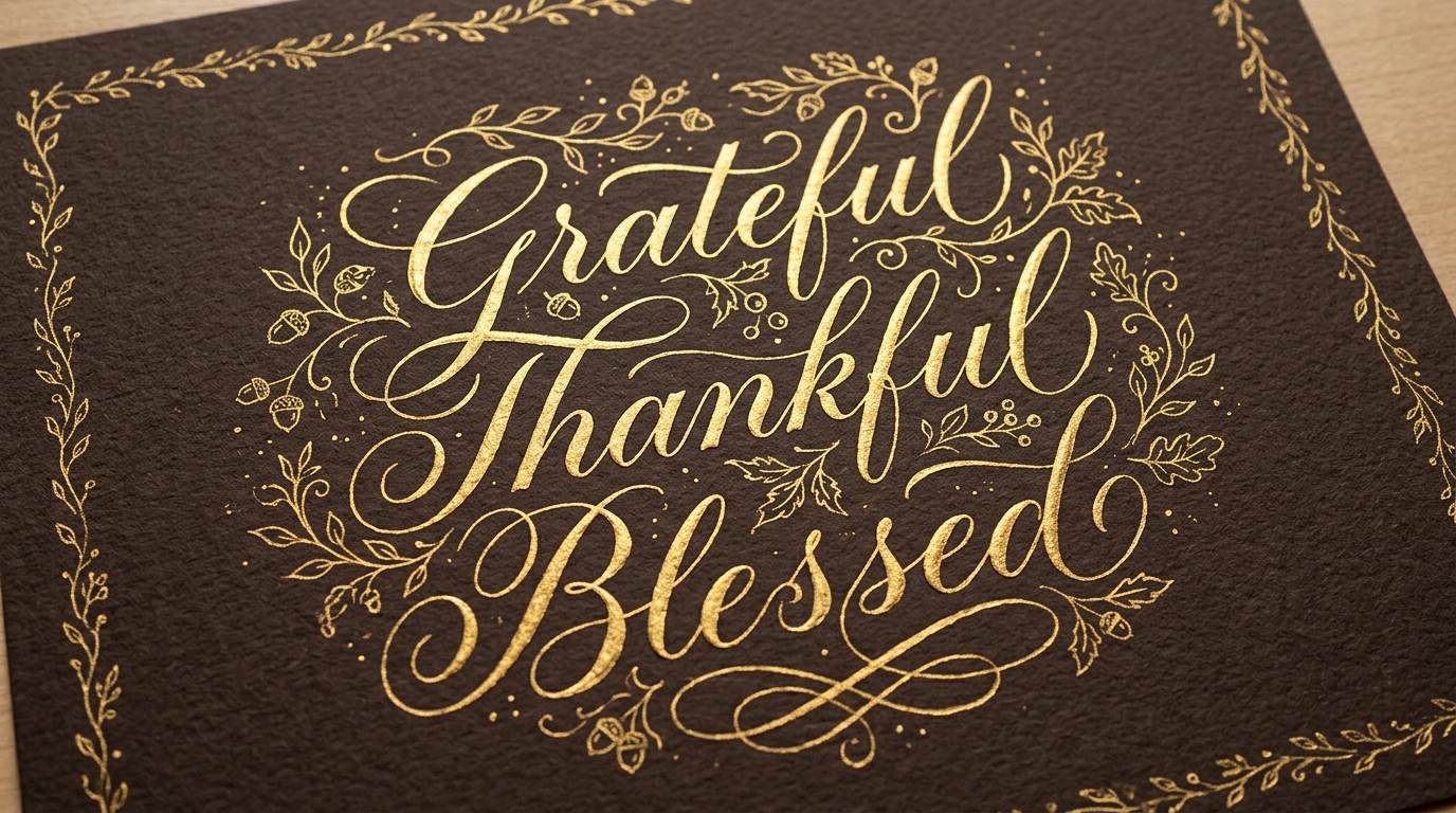 Gold calligraphy reading grateful thankful blessed on a dark decorative card