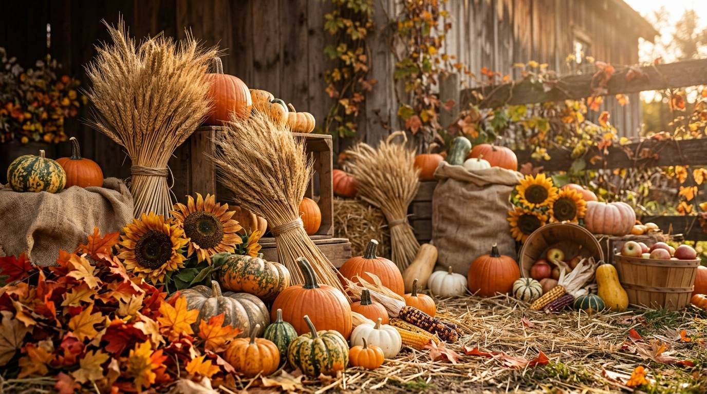 Autumn harvest display with pumpkins, sunflowers, wheat bundles, and fall leaves