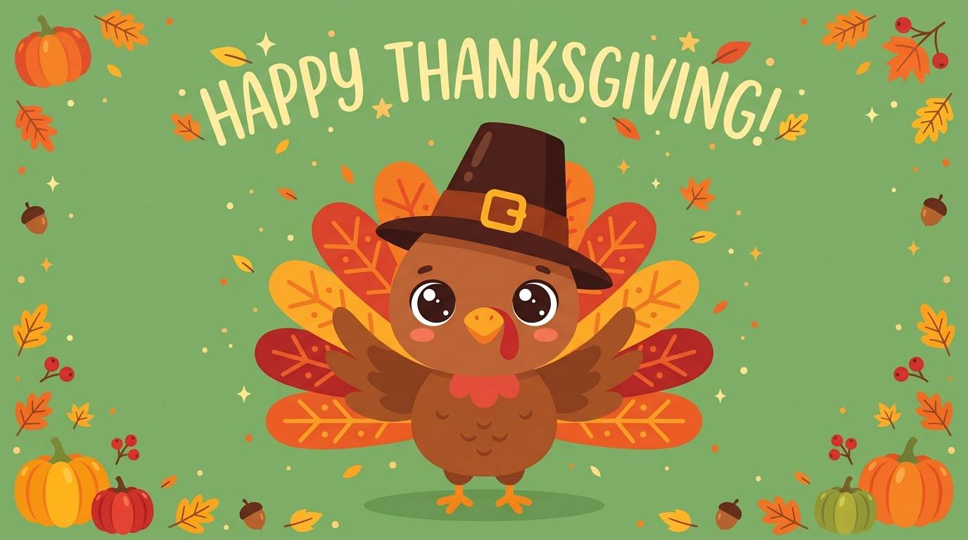 Cute turkey in a pilgrim hat with happy thanksgiving text and autumn decorations