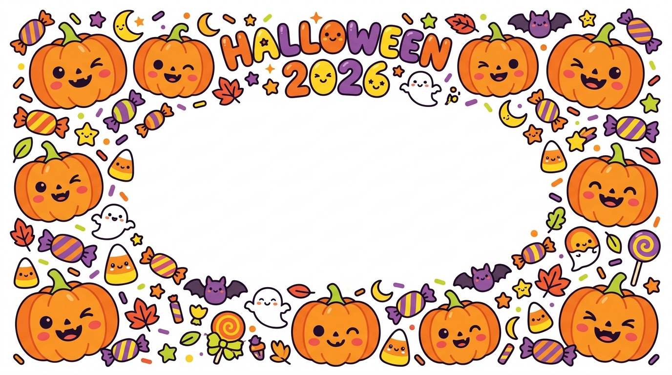 Halloween border with smiling pumpkins, candy, ghosts, and a blank white center