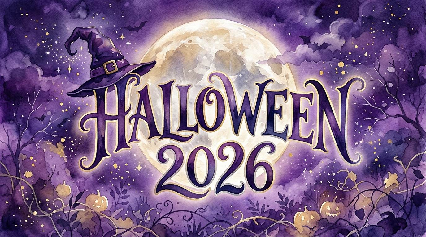 Purple Halloween 2026 watercolor design with a full moon, stars, bats, and a witch hat