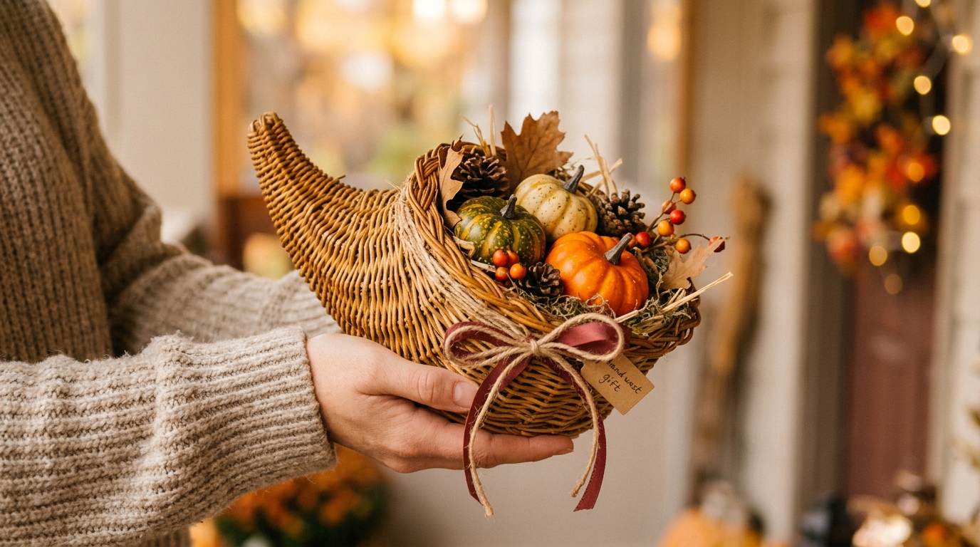 Hands holding a woven autumn cornucopia filled with miniature pumpkins and pinecones
