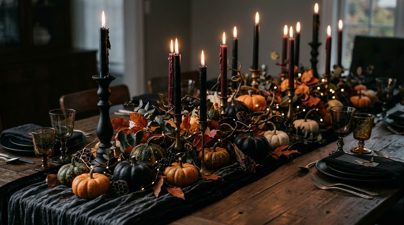 Candlelit autumn dining table with pumpkins, dark plates, and seasonal foliage