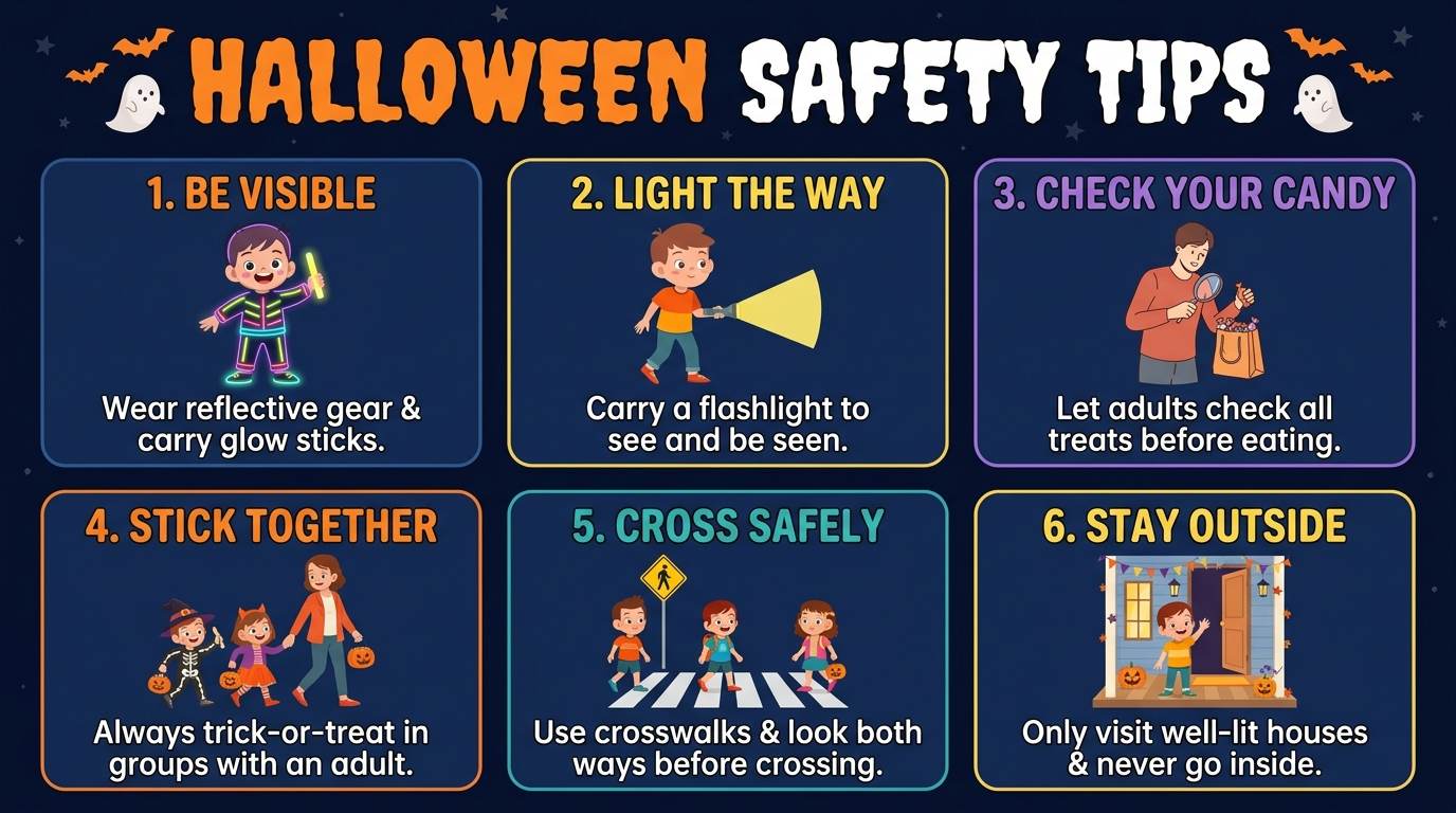 Halloween safety tips poster with six cartoon panels and colorful seasonal icons on a dark blue background