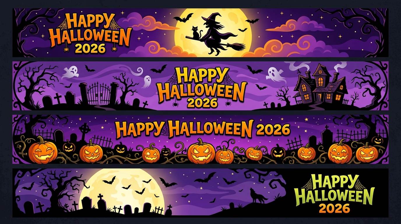 Four Halloween 2026 banner designs with pumpkins, bats, haunted houses, and moonlit purple skies