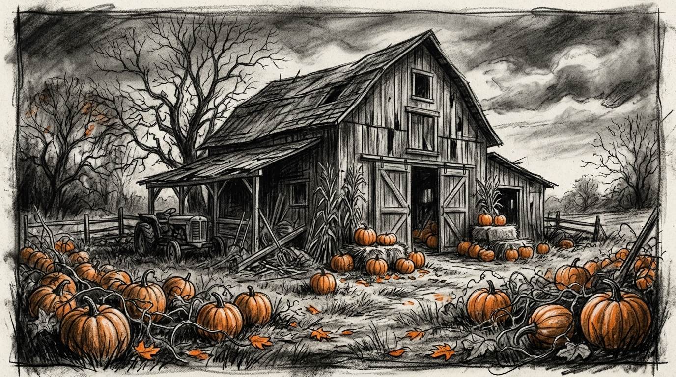 Autumn pumpkin patch with a rustic barn, bare trees, and scattered fallen leaves