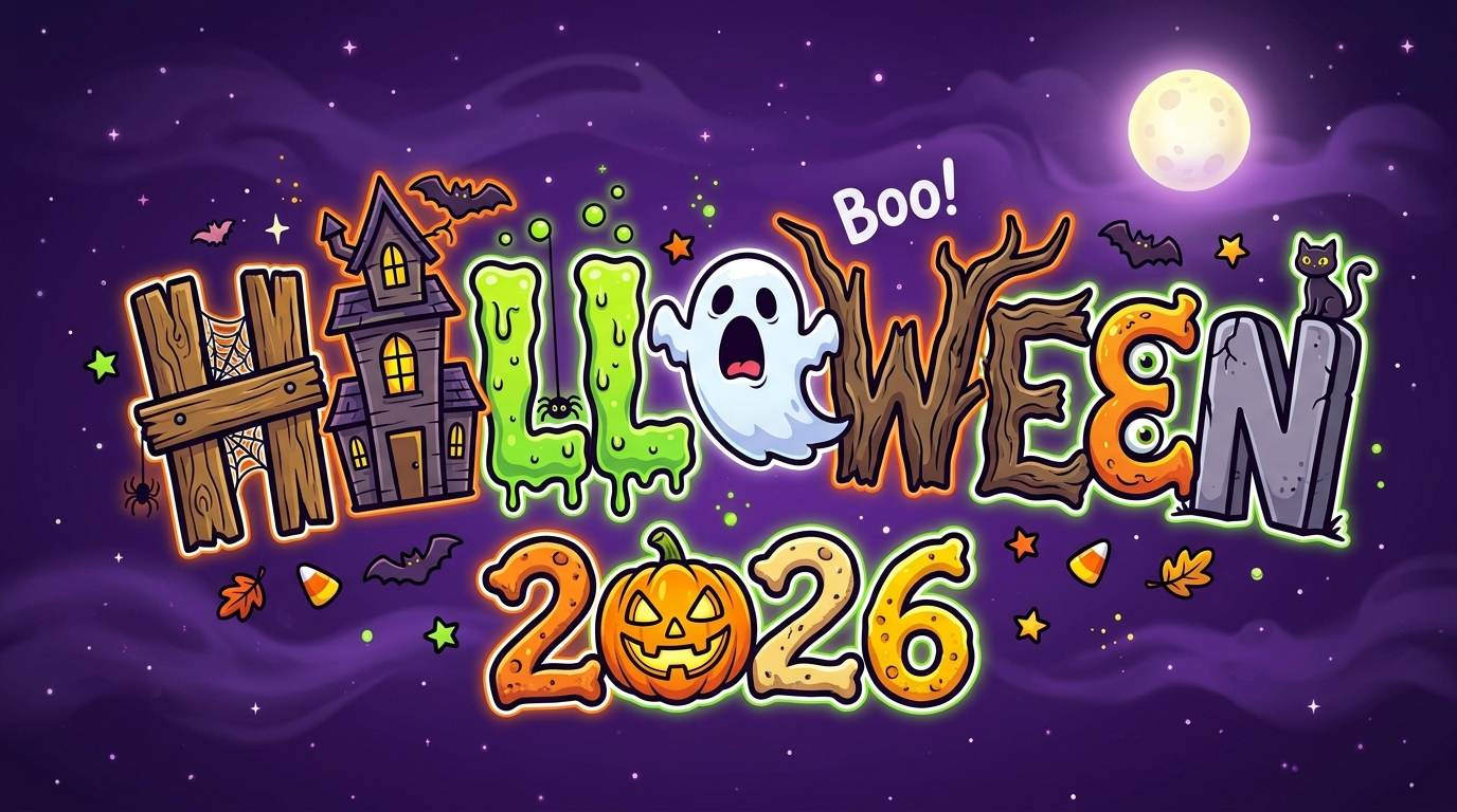 Colorful Halloween 2026 lettering with a ghost, pumpkin, bats, and a full moon on a purple background