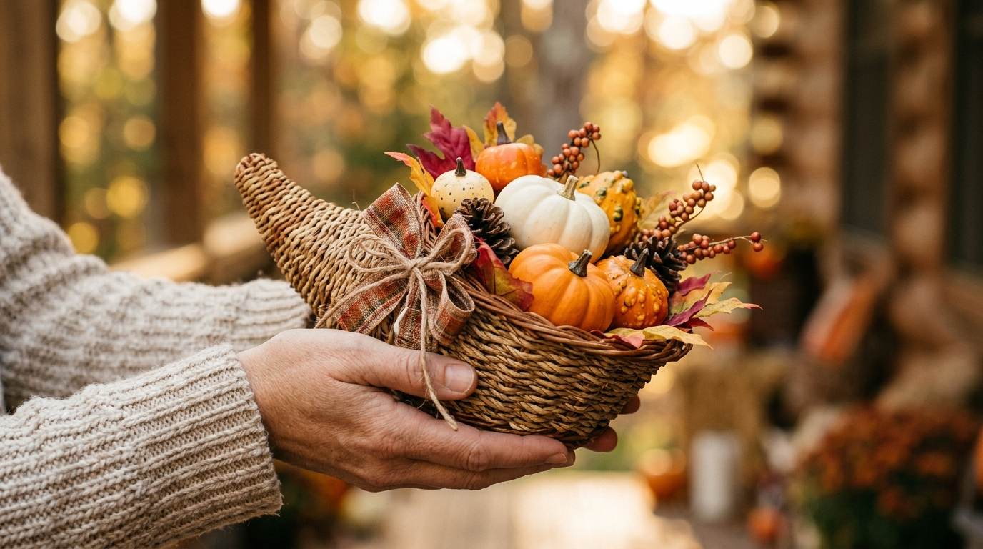 Hands holding a wicker basket filled with small pumpkins, leaves, and pinecones
