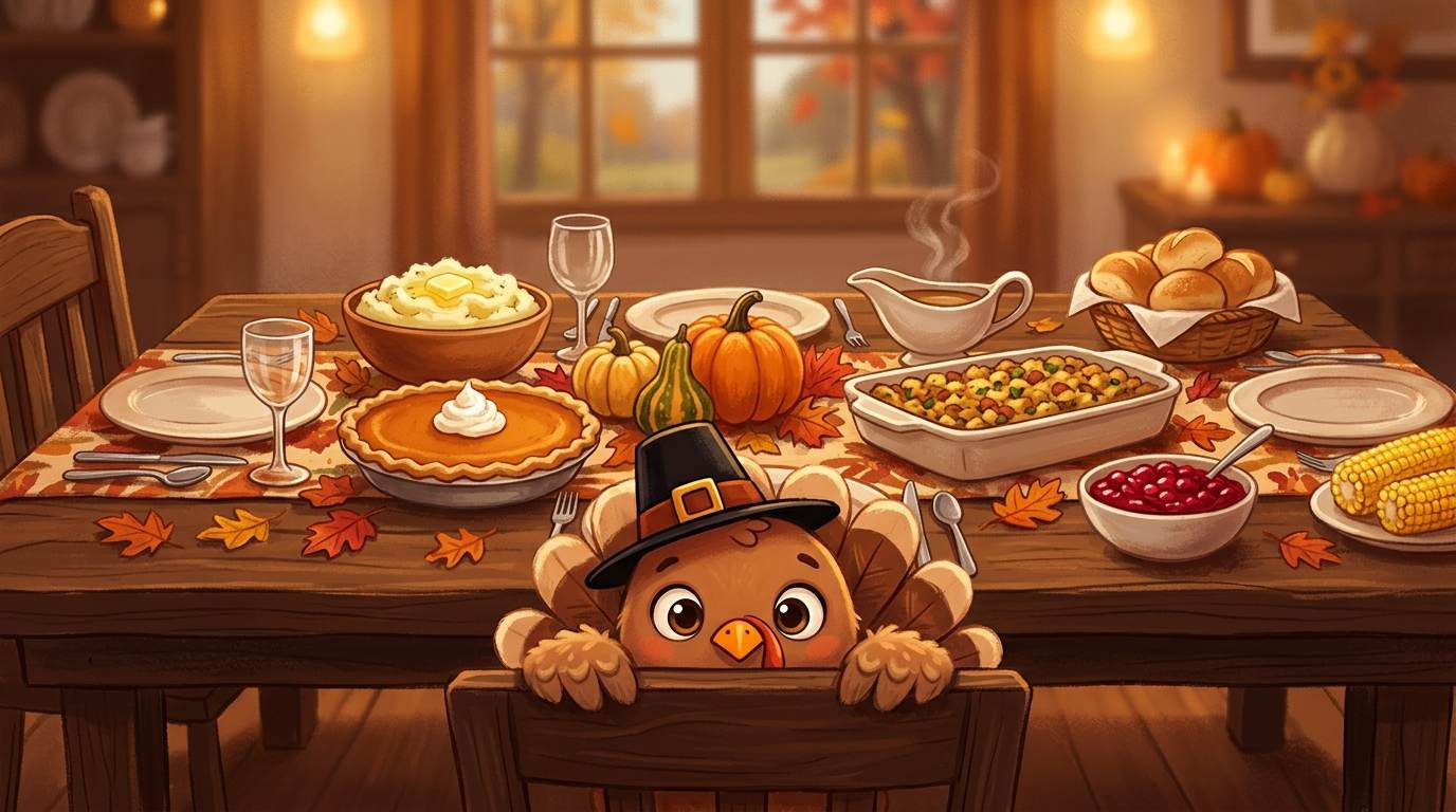 Festive Thanksgiving dinner table with turkey, pumpkin pie, and autumn decorations